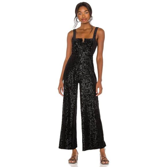 L*SPACE Black Silver Metallic Vera Velvet Ribbed Y2K Wide Leg Jumpsuit Large - Picture 1 of 8